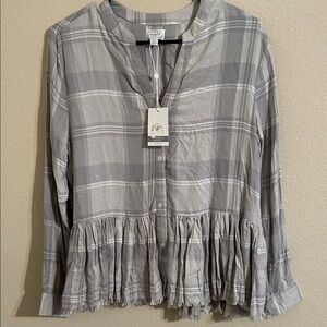 Mud Pie Gray Plaid Ruffle Blouse
